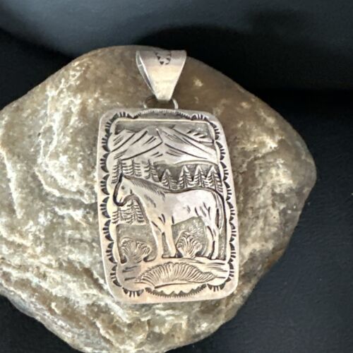 Navajo Stamped Horse Pendant Necklace | Sterling Silver | 2.5" | Authentic Native American Handmade | 15171