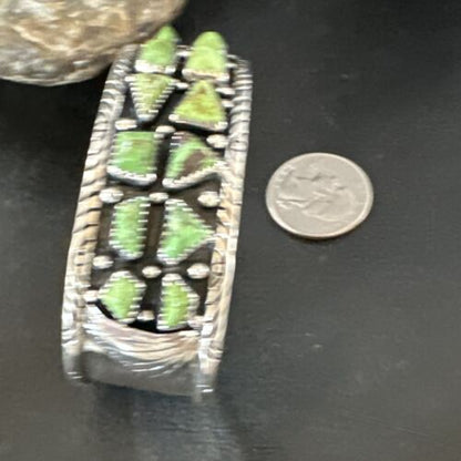 Navajo Green Gaspeite Cluster Cuff Bracelet | Sterling Silver | Authentic Native American Handmade | 16377