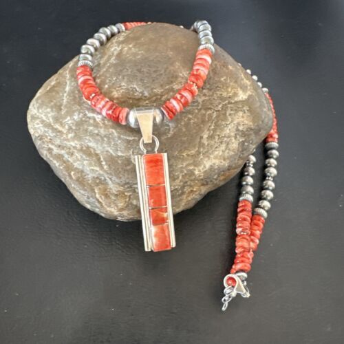 Navajo Red Spiny Oyster Pendant Necklace | Sterling Silver Inlay | Authentic Native American Handmade | 16883