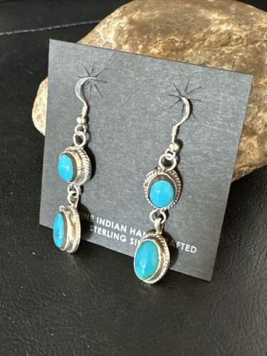Kingman Turquoise Dangle Earrings | Navajo Sterling Silver | Authentic Native American Handmade | 14863