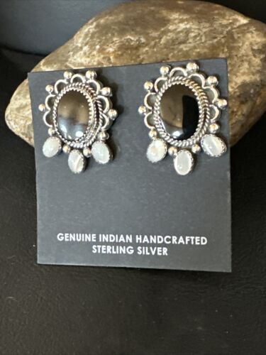 Navajo Black Onyx and White Mother of Pearl Earrings | Sterling Silver | 1" | Authentic Native American Handmade | 15332
