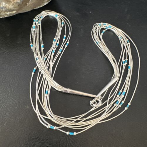 Navajo Blue Turquoise Heishi Necklace | 10 Strand Liquid Sterling Silver | 20" | 15887