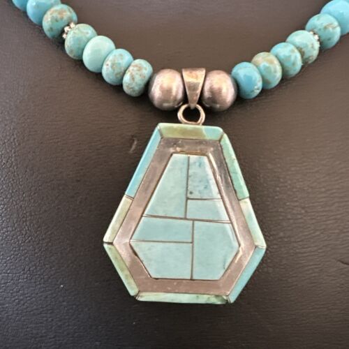 Navajo Turquoise Inlay Pendant Necklace | Sterling Silver | Authentic Native American Handmade | 17077