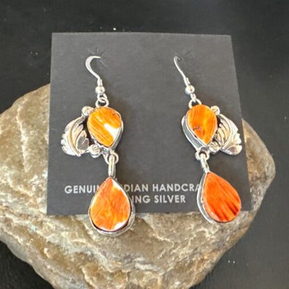 Navajo Orange Spiny Oyster Dangle Earrings | Sterling Silver | 1.5" | Authentic Native American Handmade | 16568