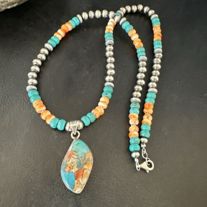 Navajo Spiny Turquoise Pendant Necklace | Sterling Silver | 21" | Authentic Native American Handmade | 17517