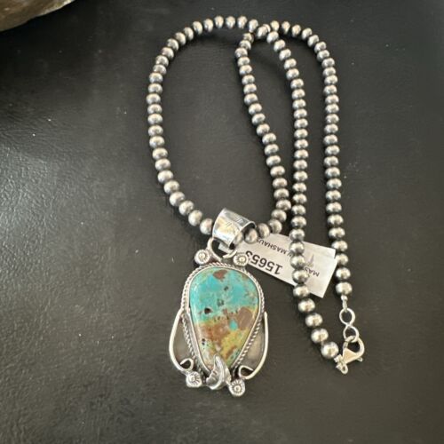 Navajo Blue Turquoise Pendant Necklace | Sterling Silver Pearls | Authentic Native American Handmade | 15653 - Masha USA