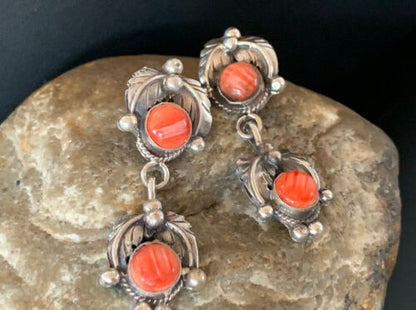 Southwestern Navajo Red Spiny Oyster Dangle Earrings | Sterling Silver | Authentic Native American Handmade | 16577