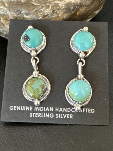 Navajo Blue Green Turquoise Dangle Earrings | Sterling Silver | 1.5" | Authentic Native American Handmade | 17387
