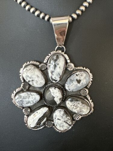 XL Cluster Navajo White Buffalo Turquoise Sterling Necklace Pendant | Multi-Stone | 14897