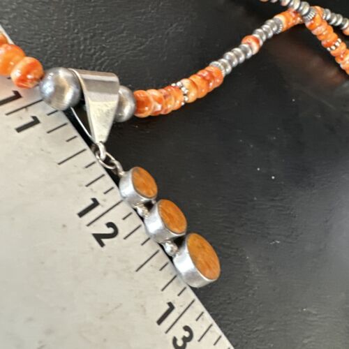 Navajo Orange Spiny Oyster Pendant with Pearls | Sterling Silver Necklace | Authentic Native American Handmade | 15255