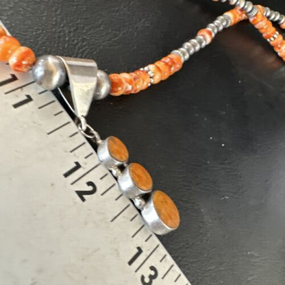 Navajo Orange Spiny Oyster Pendant with Pearls | Sterling Silver Necklace | Authentic Native American Handmade | 15255
