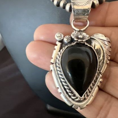 Navajo Pearls Black Onyx Necklace | Sterling Silver | Authentic Native American Handmade | 16130