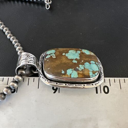Navajo Blue Turquoise #8 Pendant | Sterling Silver Necklace with Pearls | Authentic Native American Handmade | 16350