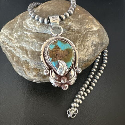 Navajo Blue Turquoise Pendant Necklace | Sterling Silver Pearls | Authentic Native American Handmade | 15655
