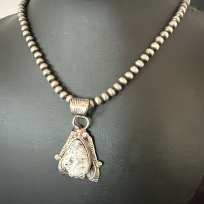 Men's White Buffalo Turquoise Pendant Necklace | Navajo Pearls | Sterling Silver | Native American Handmade | 17330