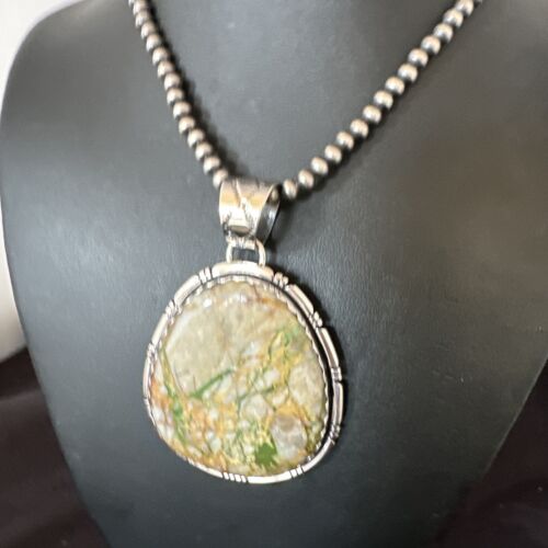 Navajo Sterling Silver Green Boulder Turquoise Necklace Pendant for Men | XL | Authentic Native American | 16365