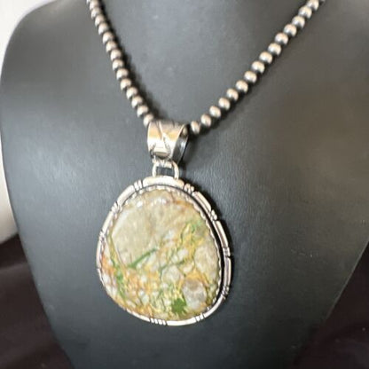 Navajo Sterling Silver Green Boulder Turquoise Necklace Pendant for Men | XL | Authentic Native American | 16365