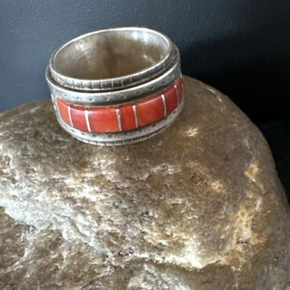 Navajo Coral Inlay Ring | Sterling Silver | Sz 11 | Authentic Native American Handmade | 15912