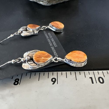 Navajo Orange Spiny Oyster Dangle Earrings | Sterling Silver | 1.5" | Authentic Native American Handmade | 16571