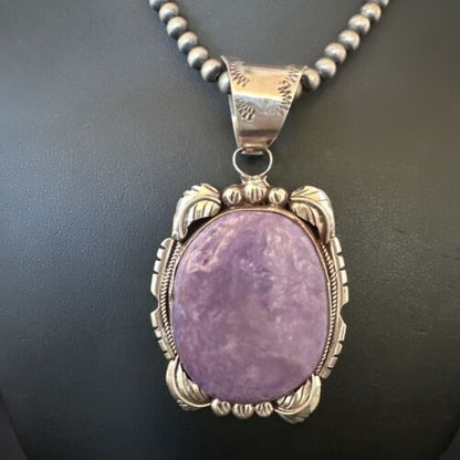 Navajo Purple Charoite Pendant with Pearls | Sterling Silver Necklace | Authentic Native American Handmade | 16653