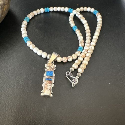 Wild Horse Blue Turquoise Pendant | Navajo Pearls | Sterling Silver Necklace 21" | Native American | 15667
