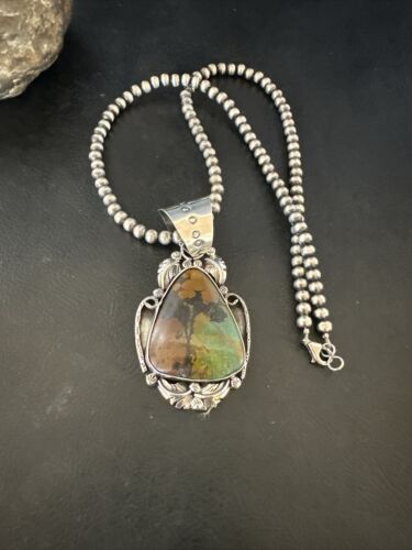 Men's Navajo Green Turquoise Pendant Necklace | Sterling Silver | Authentic Native American Handmade | 17532