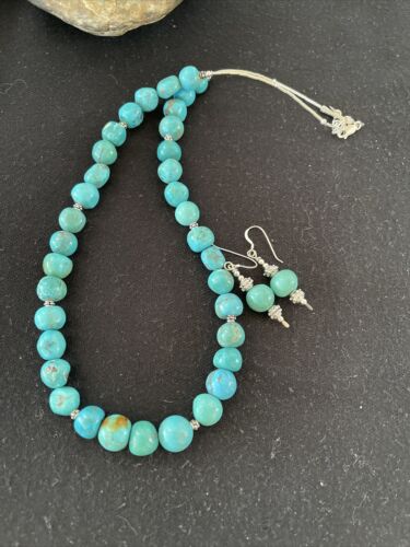 Navajo Blue Turquoise Earrings & Necklace Set | Sterling Silver | 20" | Authentic Native American Handmade | 01234