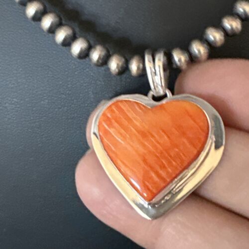 Navajo Orange Heart Spiny Oyster Pendant | Sterling Silver Necklace | Authentic Native American Handmade | 15014