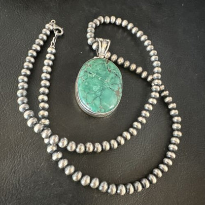 Navajo Blue Spiderweb Turquoise Pendant | Sterling Silver Pearls Necklace | Authentic Native American Handmade | 15570