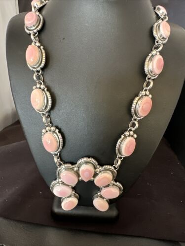 Navajo Pink Conch Squash Blossom Necklace with Naja Pendant | Authentic Native American Handmade | 15897