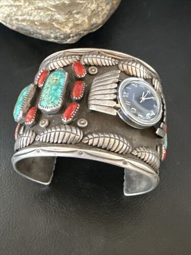 Navajo Men's Women's Royston Turquoise Coral Watch Cuff Bracelet | Sterling Silver | Authentic Native American | XL | 15850