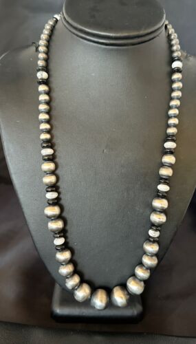 Navajo Pearls Graduated Sterling Silver Black Onyx White Bead Necklace 24" | Handmade Jewelry | 17584 | 17584