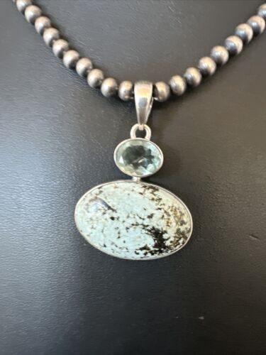 Navajo Dry Creek Turquoise Topaz Pendant Necklace | Sterling Silver | Authentic Native American Handmade | 16436
