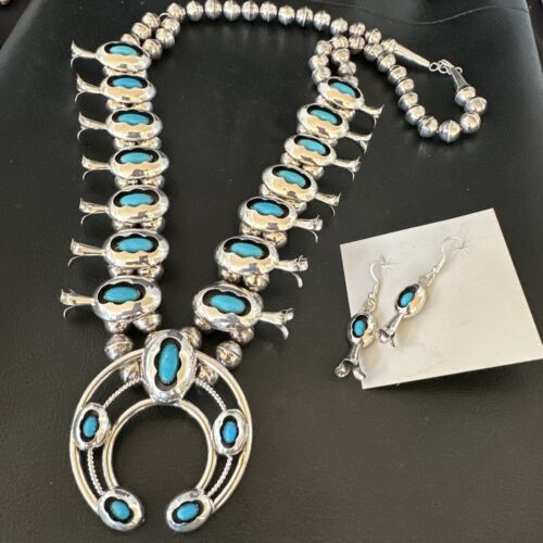Navajo Turquoise Shadowbox Squash Blossom Necklace & Earrings | Sterling Silver | 16542