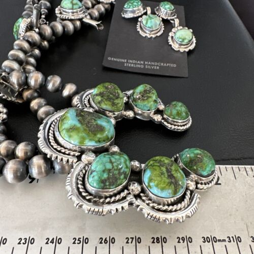 Rare Green Turquoise Vintage Native American Navajo Sterling Silver Squash Blossom Necklace