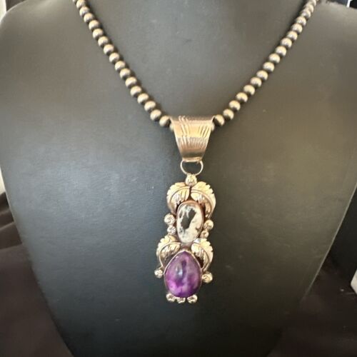 White Buffalo Turquoise & Sugilite Pendant | Navajo Pearls | Sterling Silver | Native American Handmade | 16870