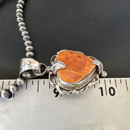 Navajo Orange Spiny Oyster Heart Pendant Necklace | Sterling Silver | Authentic Native American Handmade | 16298