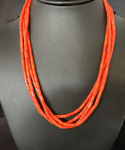 Navajo Orange Coral Tube Heishi Bead Necklace | Sterling Silver | 18" | Authentic Native American Handmade | 15281