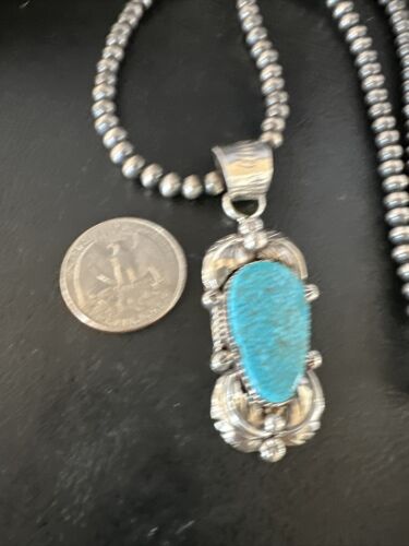 Navajo Kingman Turquoise Pendant Necklace | Sterling Silver Pearls | Authentic Native American Handmade | 15217