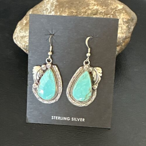 Navajo Blue Kingman Turquoise Dangle Earrings | Sterling Silver | Authentic Native American Handmade | 17373