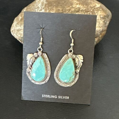 Navajo Blue Kingman Turquoise Dangle Earrings | Sterling Silver | Authentic Native American Handmade | 17373