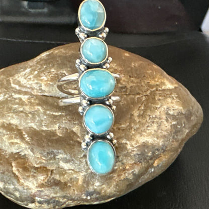 Navajo Women's Cluster Blue Larimar Ring | Authentic Native American Sterling Silver | Multi-Stone | Sz 7.5 | 15953