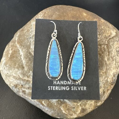 New Blue Opal Inlay Dangle Earrings | Sterling Silver | Authentic Native American Handmade | 16548