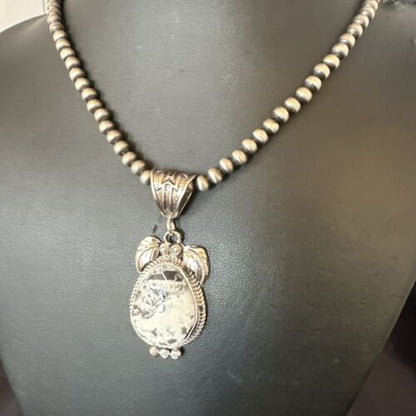 Navajo White Buffalo Turquoise Pendant Necklace | Sterling Silver | Authentic Native American Handmade | 17524