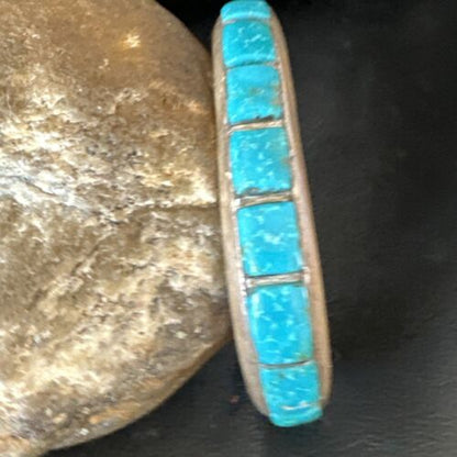 Old Pawn Men's Blue Kingman Turquoise Cuff Bracelet | Zuni Sterling Silver | 15955