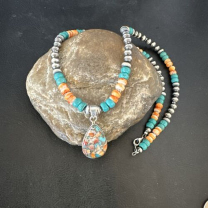 Navajo Spiny Turquoise Pendant Necklace | Sterling Silver | 22" | Authentic Native American Handmade | 17414