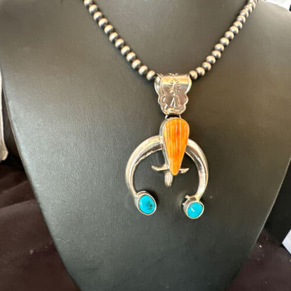 Navajo Blue Turquoise Orange Spiny Oyster Naja Pendant | Sterling Silver | Authentic Native American Handmade | 16411