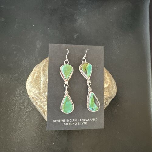 Navajo Green Royston Turquoise Dangle Earrings | Sterling Silver | Authentic Native American Handmade | 17140