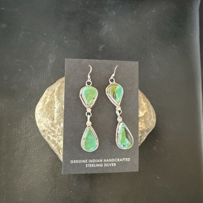 Navajo Green Royston Turquoise Dangle Earrings | Sterling Silver | Authentic Native American Handmade | 17140