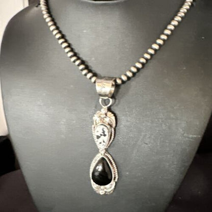 Navajo White Buffalo Turquoise Onyx Necklace Pendant | Sterling Silver | Authentic Native American Handmade | 15316